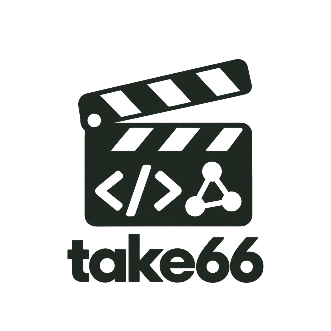 Take66 Software: a film clapperboard with software code brackets and connected AI nodes